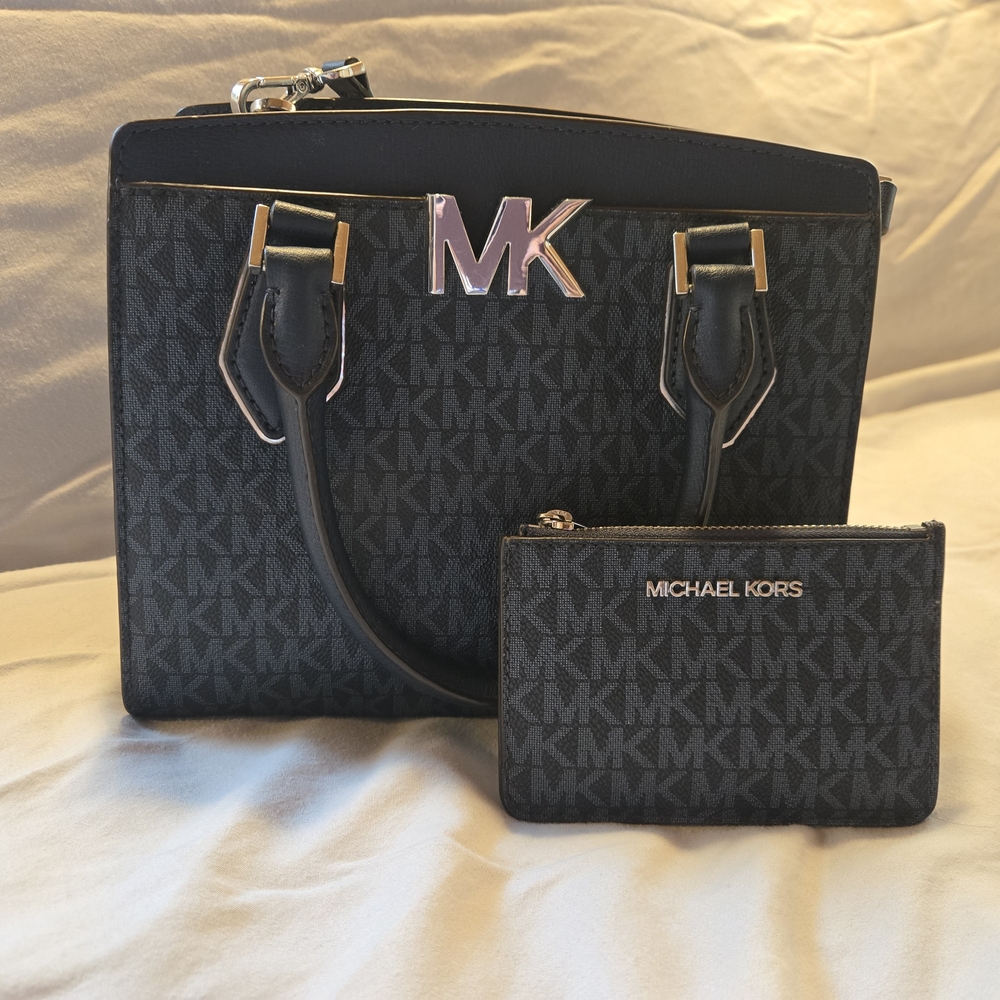 Michael Kors Black and Gold Satchel with Pouch